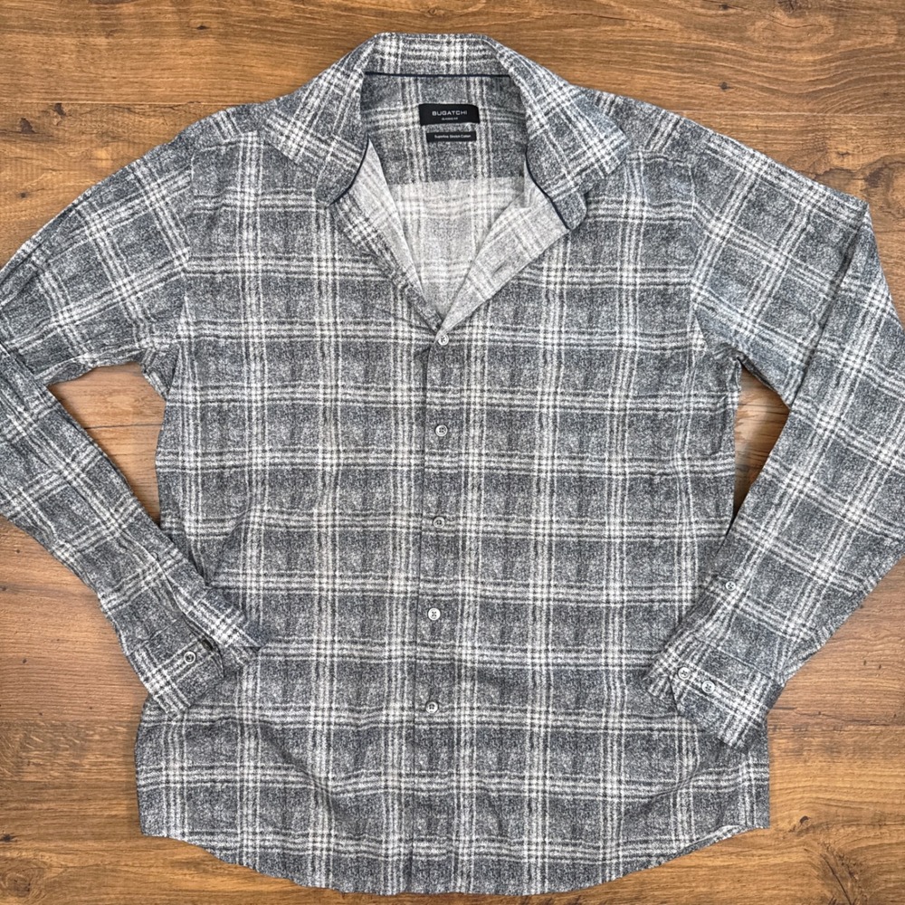 Bugatchi Large Classic Fit Superfine Stretch‎ Cotton Plaid LS Career Work Preppy
